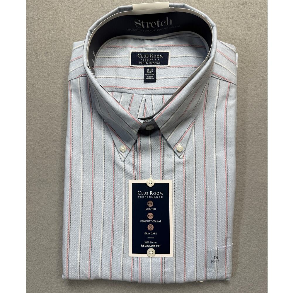 Club Room Men's Stripe Oxford Dress Shirt light Blue Red 17.5 36/37 $60